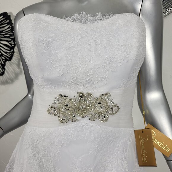 NWT~$2750~DEMETRIOS~10/12~WHITE STRAPLESS RHINESTONE BEADED LACE WEDDING DRESS - Picture 2 of 16